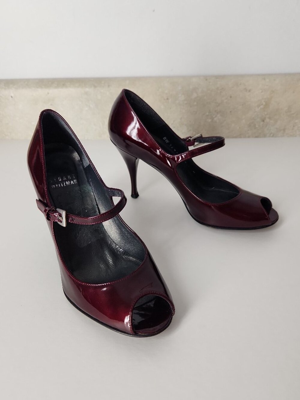 Stuart Weitzman burgundy patent leather Mary Jane peep-toe heels ankle strap 5.5